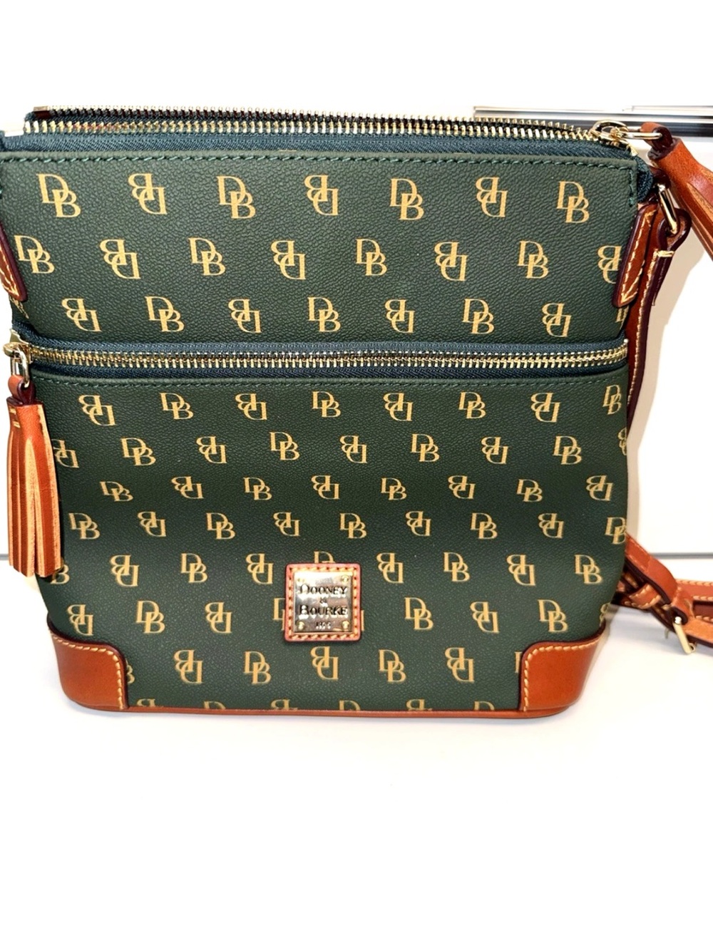 DOONEY & BOURKE MONOGRAM CANVAS w/ LEATHER Trim Letter Carrier CROSSBODY BAG